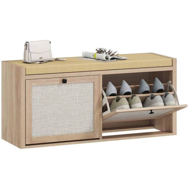 KORVIXA Rattan Shoe Bench with Padded Cushion & 2 Cabinets in Brown - Size: 0.6m2 - image 1