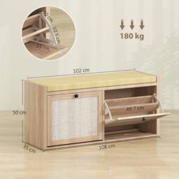 KORVIXA Rattan Shoe Bench with Padded Cushion & 2 Cabinets in Brown - Size: 0.6m2 - thumbnail 2