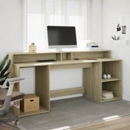 Berkfield Home Soft Desk with LED Lights Sonoma Oak 200x55x91 cm Engineered Wood in Natural - Size: 200 x 55 x 91 cm - thumbnail 4