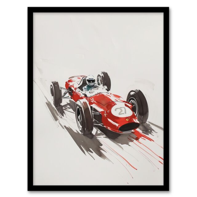 "Artery8 Vintage Automobile Race Car Sport Watercolour Framed Art Print in Red - Size: W12"" x H16""" - image 1