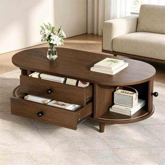 BTM Oval Coffee Table Sliding Doors Storage Walnut MDF Side Table Sofa - image 1