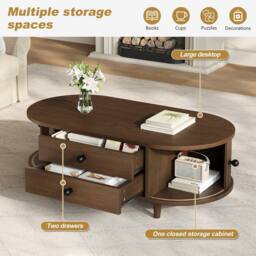 BTM Oval Coffee Table Sliding Doors Storage Walnut MDF Side Table Sofa - thumbnail 6