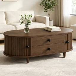 BTM Oval Coffee Table Sliding Doors Storage Walnut MDF Side Table Sofa - thumbnail 2