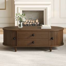 BTM Oval Coffee Table Sliding Doors Storage Walnut MDF Side Table Sofa - thumbnail 4