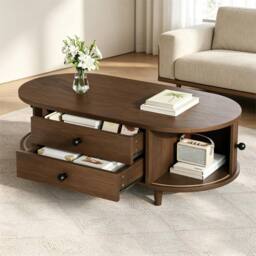 BTM Oval Coffee Table Sliding Doors Storage Walnut MDF Side Table Sofa - thumbnail 1