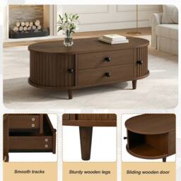 BTM Oval Coffee Table Sliding Doors Storage Walnut MDF Side Table Sofa - thumbnail 7