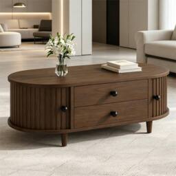 BTM Oval Coffee Table Sliding Doors Storage Walnut MDF Side Table Sofa - thumbnail 3
