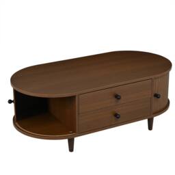 BTM Oval Coffee Table Sliding Doors Storage Walnut MDF Side Table Sofa - thumbnail 9