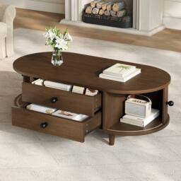 BTM Oval Coffee Table Sliding Doors Storage Walnut MDF Side Table Sofa - thumbnail 8