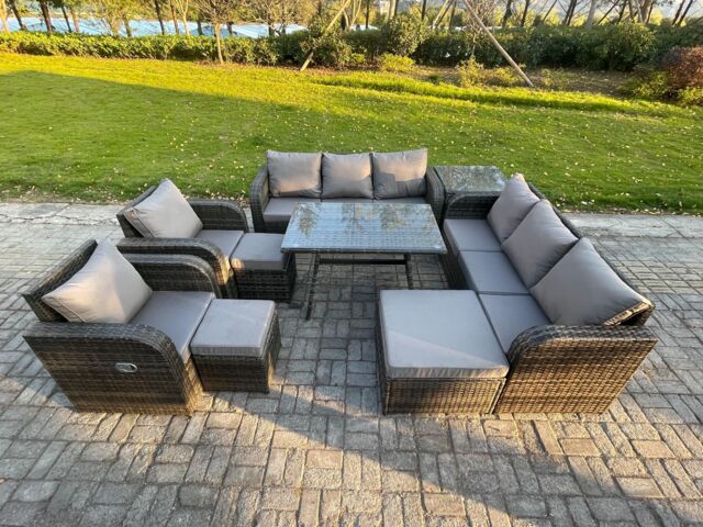 Fimous 11 Seater Rattan Outdoor Garden Furniture Sofa Set Patio Table & Chairs Set with 3 Seater Sofa Rectangular Dining Table Side Table in Dark Grey - image 1