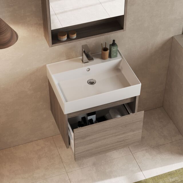 Banyetti Mino 600mm Wall Hung Vanity Unit with Veneto 1TH Basin-Nebraska Oak in Brown - image 1