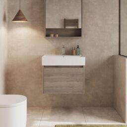 Banyetti Mino 600mm Wall Hung Vanity Unit with Veneto 1TH Basin-Nebraska Oak in Brown - thumbnail 2