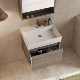Banyetti Mino 600mm Wall Hung Vanity Unit with Veneto 1TH Basin-Nebraska Oak in Brown - thumbnail 1