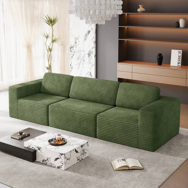 Dprodo Corduroy Modular Sofa, 303CM Long Couch, 25V9 in Green - image 1