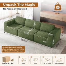 Dprodo Corduroy Modular Sofa, 303CM Long Couch, 25V9 in Green - thumbnail 2