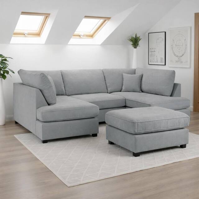 Furnishings For Less UK California Classic Fabric Grey U shaped 6 Seater Sofa + Footstool - image 1