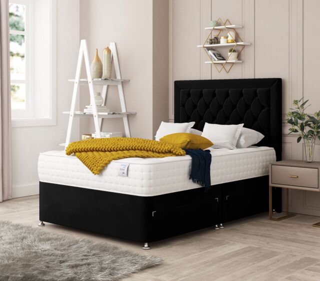 "Bed Choices Montana Upholstered Divan Bed With 4 drawers, Mattress & 26"" Headboard in Black - Size: Double" - image 1