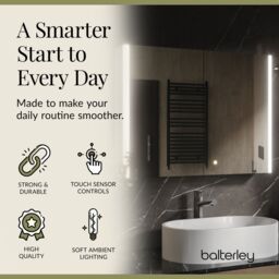 Balterley Rectangular 2 Door Touch Sensor Mirror Cabinet with Demister & Shaver Socket 800mm - White/Chrome in Silver - thumbnail 3