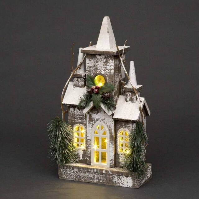 Shatchi Christmas Decoration Gift Battery Operated Wooden House Tabletop Decorated with Berries, Pines & Small Warm White Bulbs in Silver - image 1