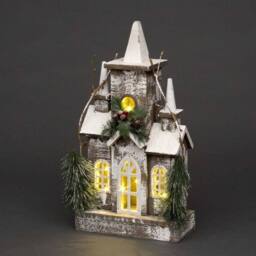 Shatchi Christmas Decoration Gift Battery Operated Wooden House Tabletop Decorated with Berries, Pines & Small Warm White Bulbs in Silver - thumbnail 1