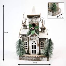 Shatchi Christmas Decoration Gift Battery Operated Wooden House Tabletop Decorated with Berries, Pines & Small Warm White Bulbs in Silver - thumbnail 4