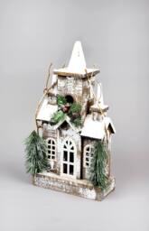Shatchi Christmas Decoration Gift Battery Operated Wooden House Tabletop Decorated with Berries, Pines & Small Warm White Bulbs in Silver - thumbnail 2