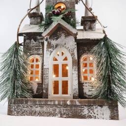 Shatchi Christmas Decoration Gift Battery Operated Wooden House Tabletop Decorated with Berries, Pines & Small Warm White Bulbs in Silver - thumbnail 3