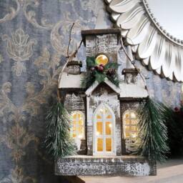 Shatchi Christmas Decoration Gift Battery Operated Wooden House Tabletop Decorated with Berries, Pines & Small Warm White Bulbs in Silver - thumbnail 5