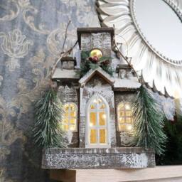 Shatchi Christmas Decoration Gift Battery Operated Wooden House Tabletop Decorated with Berries, Pines & Small Warm White Bulbs in Silver - thumbnail 6