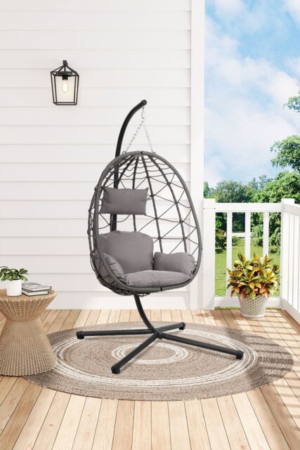 H&O Direct Foldable Hanging Chair with Stand & Cushion for Indoor & Outdoor in Grey - image 1
