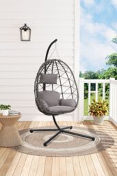 H&O Direct Foldable Hanging Chair with Stand & Cushion for Indoor & Outdoor in Grey