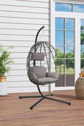 H&O Direct Foldable Hanging Chair with Stand & Cushion for Indoor & Outdoor in Grey - thumbnail 2