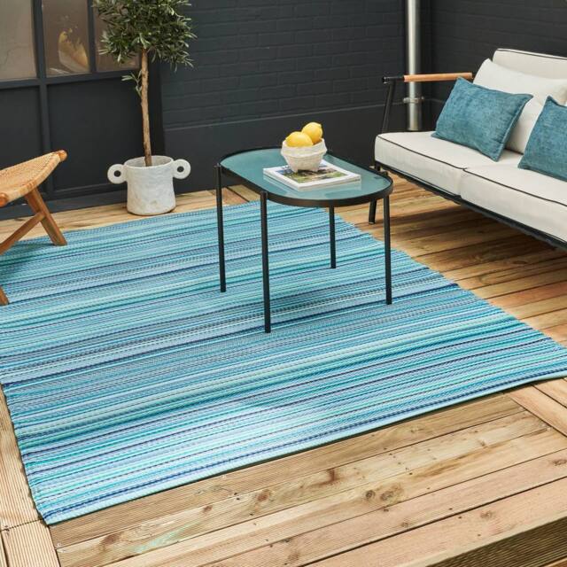 THE RUGS Reversible Weatherproof Outdoor Blue Rugs Striped Rainbow 1020 - Size: 150 cm x 220 cm - image 1