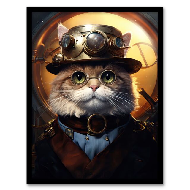 Artery8 Cat In The Hat Steampunk Moggie Cute Fun Artwork Art Print Framed Poster Wall Decor in Black - Size: A4 - image 1