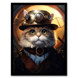 Artery8 Cat In The Hat Steampunk Moggie Cute Fun Artwork Art Print Framed Poster Wall Decor in Black - Size: A4 - thumbnail 1