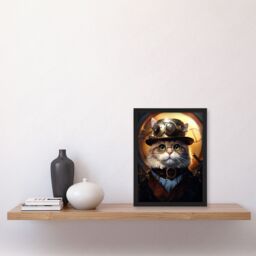 Artery8 Cat In The Hat Steampunk Moggie Cute Fun Artwork Art Print Framed Poster Wall Decor in Black - Size: A4 - thumbnail 4