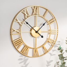 OHS Large Wall Clock Roman Numerals Skeleton Big Open Round Face in Gold - thumbnail 1