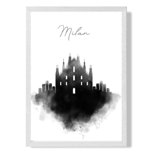 ARTZE Milan Watercolour Skyline City Framed Print SIZE: A4 with White Frame in Black - image 1