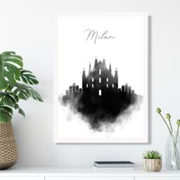 ARTZE Milan Watercolour Skyline City Framed Print SIZE: A4 with White Frame in Black - thumbnail 2