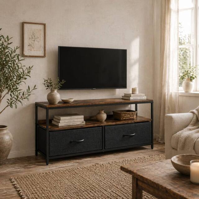 Wyld Haus Lelo 98cm Rustic Brown & Black TV Stand 2 Foldable Fabric Drawers - image 1