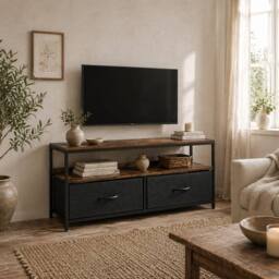 Wyld Haus Lelo 98cm Rustic Brown & Black TV Stand 2 Foldable Fabric Drawers