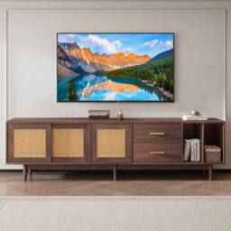 Merax Dark Wood TV Stand Media Unit with Rattan Sliding Doors & Drawers in Walnut - thumbnail 1