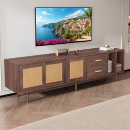 Merax Dark Wood TV Stand Media Unit with Rattan Sliding Doors & Drawers in Walnut - thumbnail 2