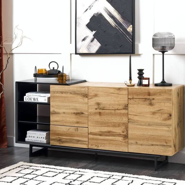 Wyld and Coco Sideboard Light Wood with Black Drawers W160 x D40 x H75cm in Brown - image 1
