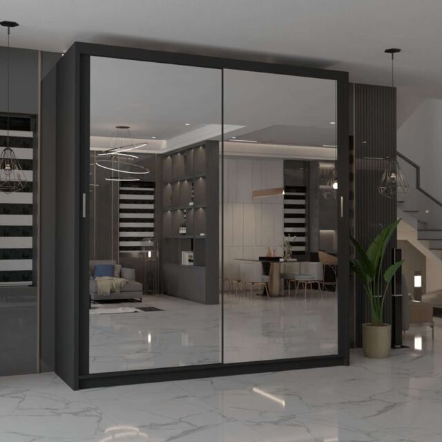 MN Furniture Cuba Sliding Mirror Wardrobe - LED Light 100cm x 217cm in Black - Size: 100 cm x 217 cm - image 1