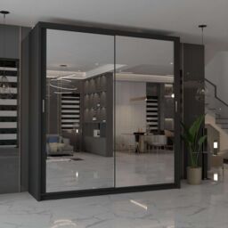 MN Furniture Cuba Sliding Mirror Wardrobe - LED Light 100cm x 217cm in Black - Size: 100 cm x 217 cm - thumbnail 1
