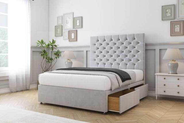 "Comfort Beds Winslow Plush Divan Base 2 Drawers - 26"" Headboard in Silver - Size: Small Single" - image 1