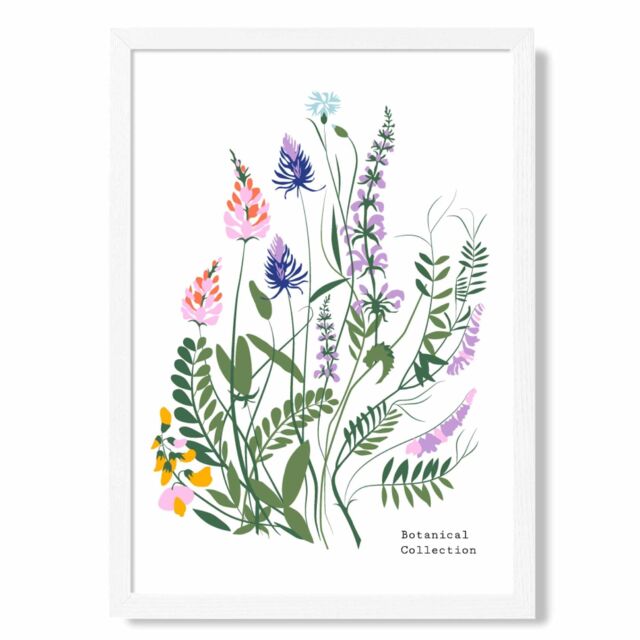 ARTZE Blue & Purple Wild Flowers Flower Market Simplicity Framed Print SIZE: A3 with White Frame in Mid Blue - Size: A4 - image 1