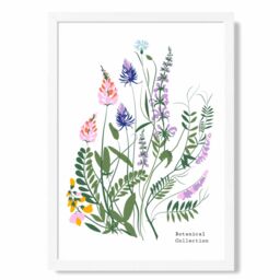 ARTZE Blue & Purple Wild Flowers Flower Market Simplicity Framed Print SIZE: A3 with White Frame in Mid Blue - Size: A4
