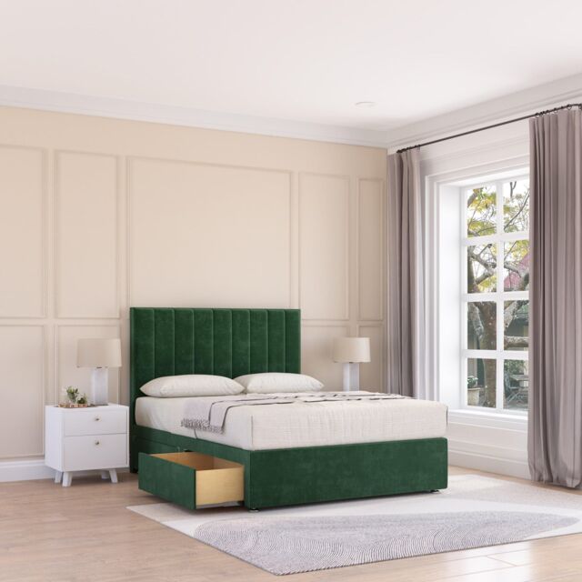 Sloomy Kansas Plush Velvet Memory Foam Bed Set With 2 Drawers, Mattress & Headboard in Emerald - Size: Single - image 1
